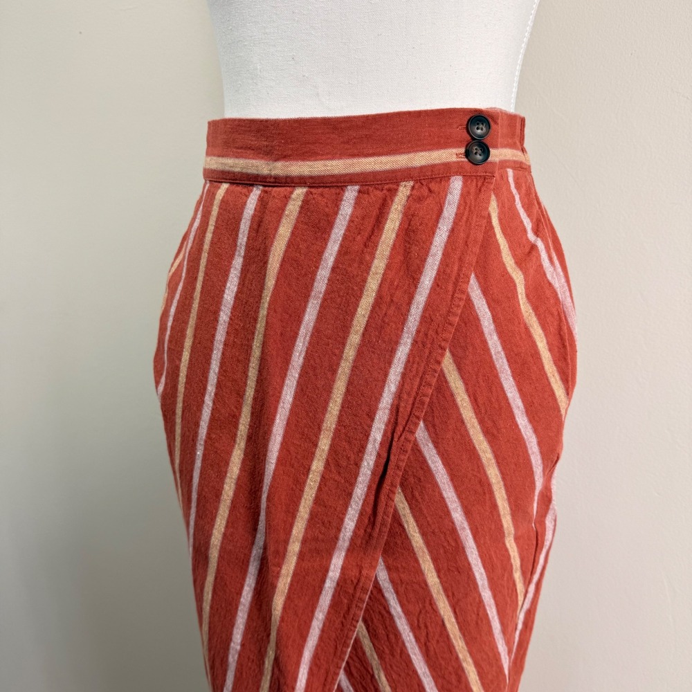 Madewell Rust Orange Striped Linen Blend Faux Wrap Midi Skirt with Pockets XS - Picture 6 of 11